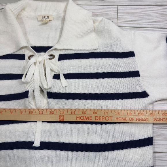 ANA A New Approach Women's Striped Lace Up Navy Collared Pullover Sweater Size M - Picture 3 of 7